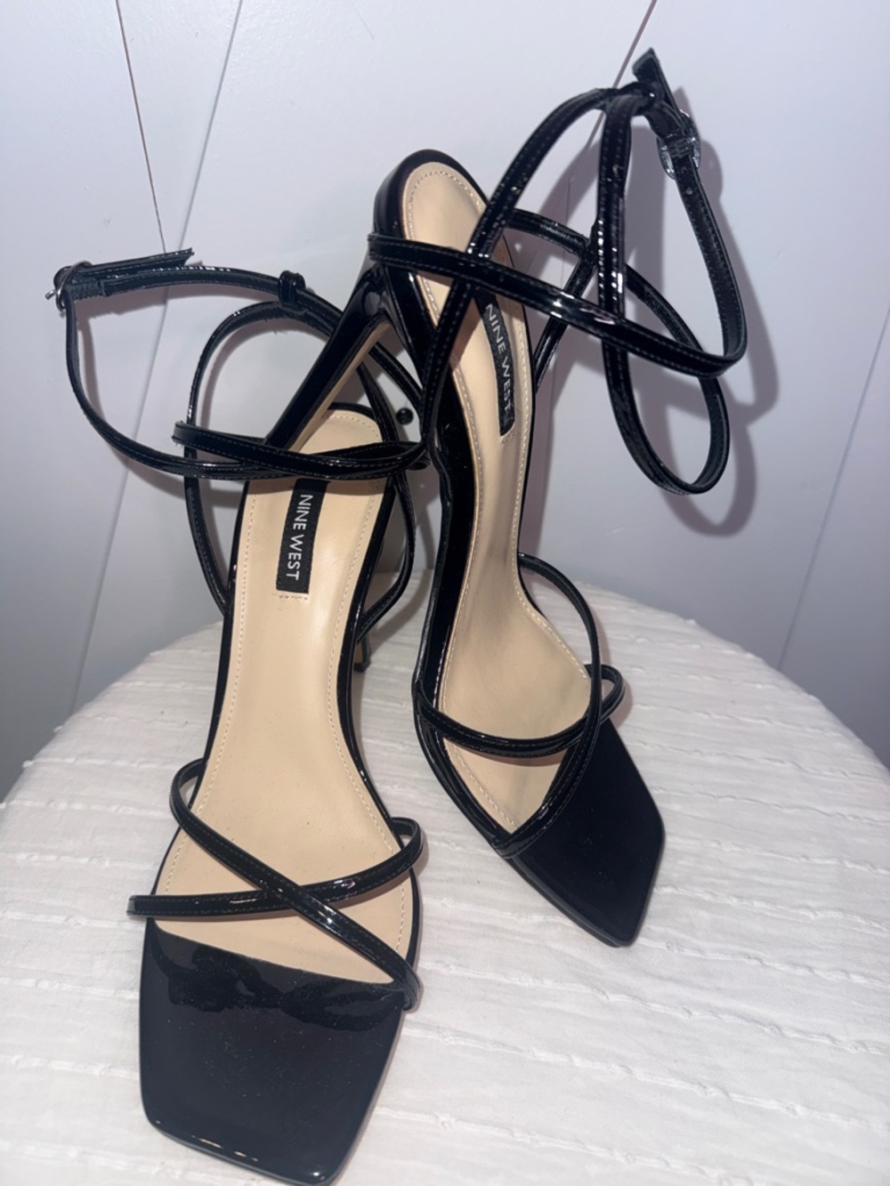 Nine West Black Patent Strappy Ankle-Tie Square-Toe Heels